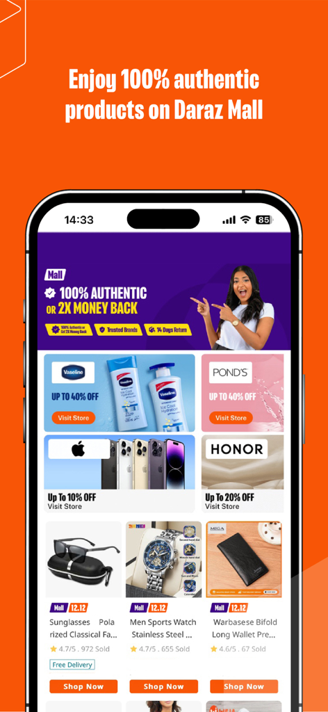 Daraz Online Shopping App interface highlighting authentic products and brand discounts on Daraz Mall.
