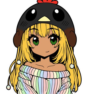 anime girl with chick shaped hat with sweater with bare shoulders with bangs covering them one eye with low tail