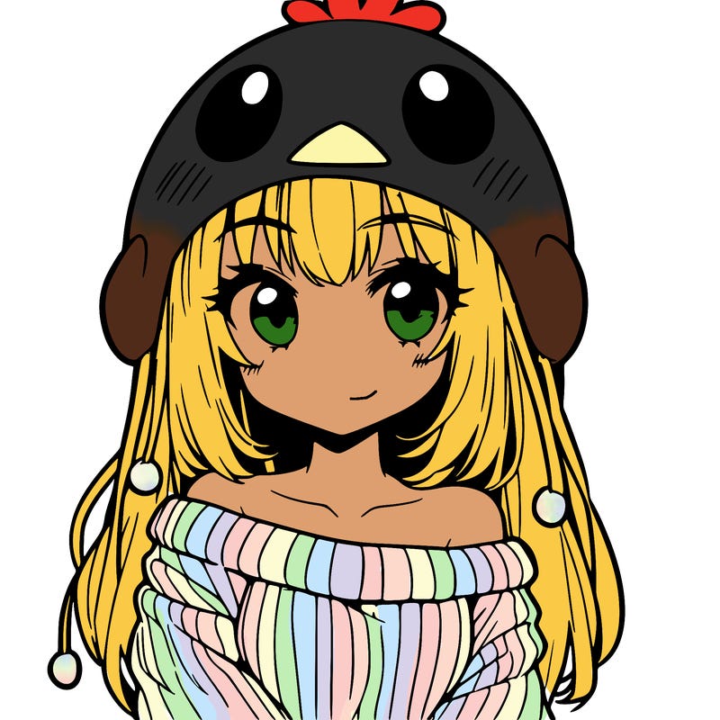 anime girl with chick shaped hat with sweater with bare shoulders with bangs covering them one eye with low tail