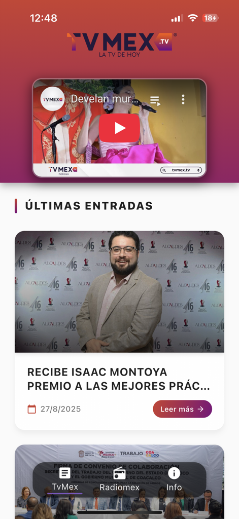 Pantalla de inicio de la aplicación TvMex mostrando noticias mexicanas y contenido de video en vivo