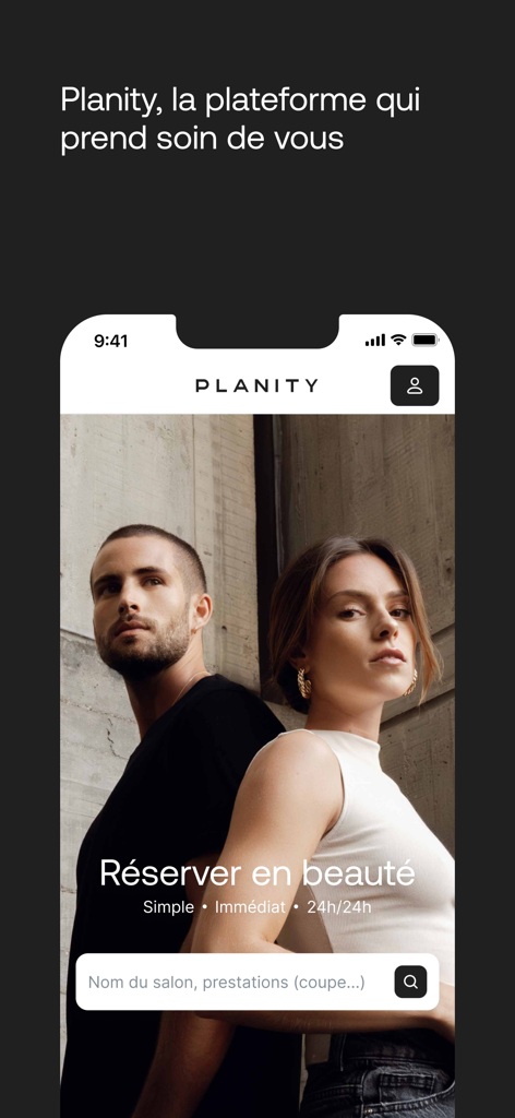 Planity mobile app home screen showing beauty salon search bar and professional grooming visuals