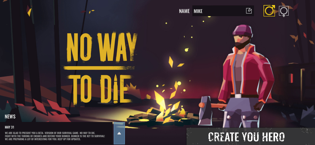 No Way To Die: Time to Survive - Character creation screen for No Way To Die survival game featuring a low poly male hero with an axe by a campfire