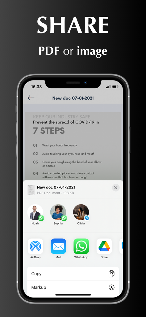 Pantalla de iPhone mostrando opciones para compartir un PDF o imagen escaneada a través de varias aplicaciones