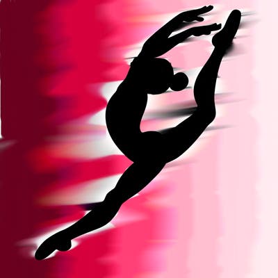 gymnast doing a leap in a leotard with a bent back leg