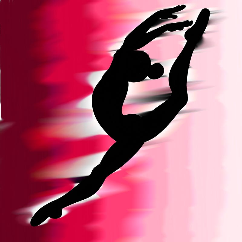 gymnast doing a leap in a leotard with a bent back leg
