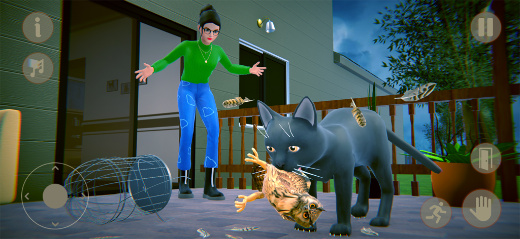Virtual Scary Cat Simulator 3D - A black cat catching an owl in front of a shocked woman in Virtual Scary Cat Simulator 3D gameplay