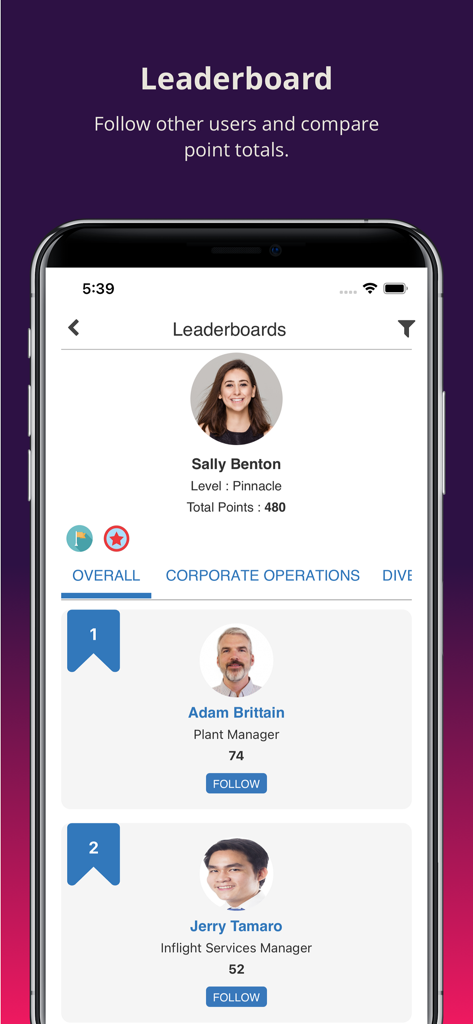 SumTotal Mobile app leaderboard showing employee rankings and point totals for corporate performance tracking