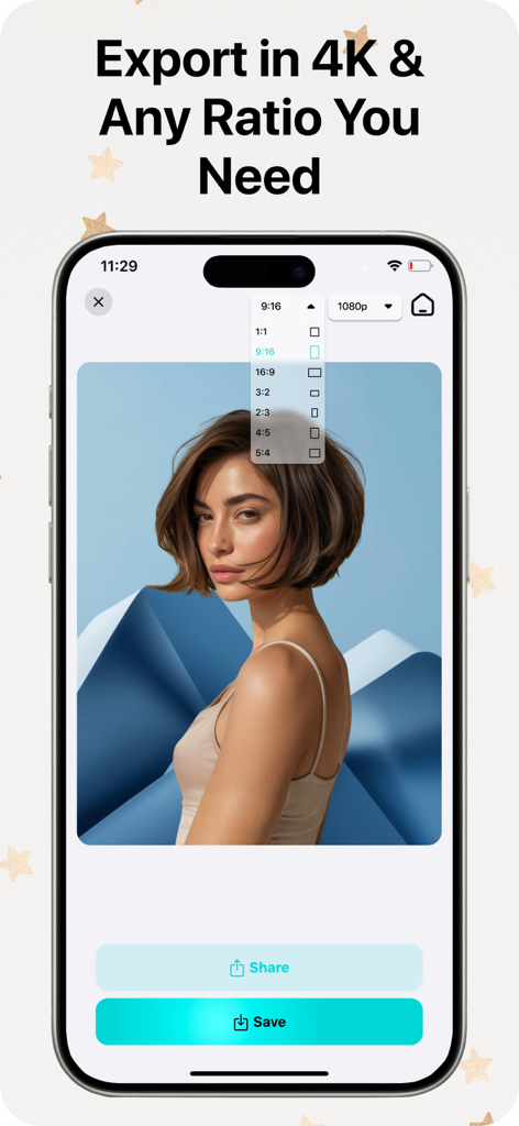 Video Background Changer - Interface showing 4K export and various aspect ratio options for social media videos