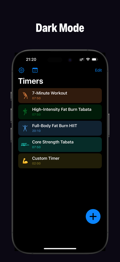 Interval Timer - Tabata HIIT - Interval Timer app interface in dark mode showing a list of pre-set HIIT and Tabata workout timers on an iPhone.