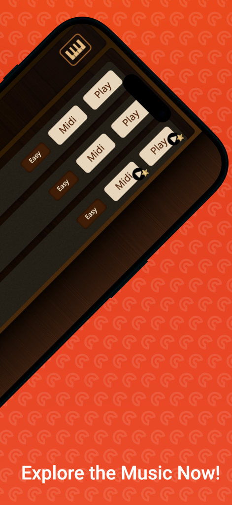 Song selection menu in Piano Sim app showing tracks with play and MIDI options