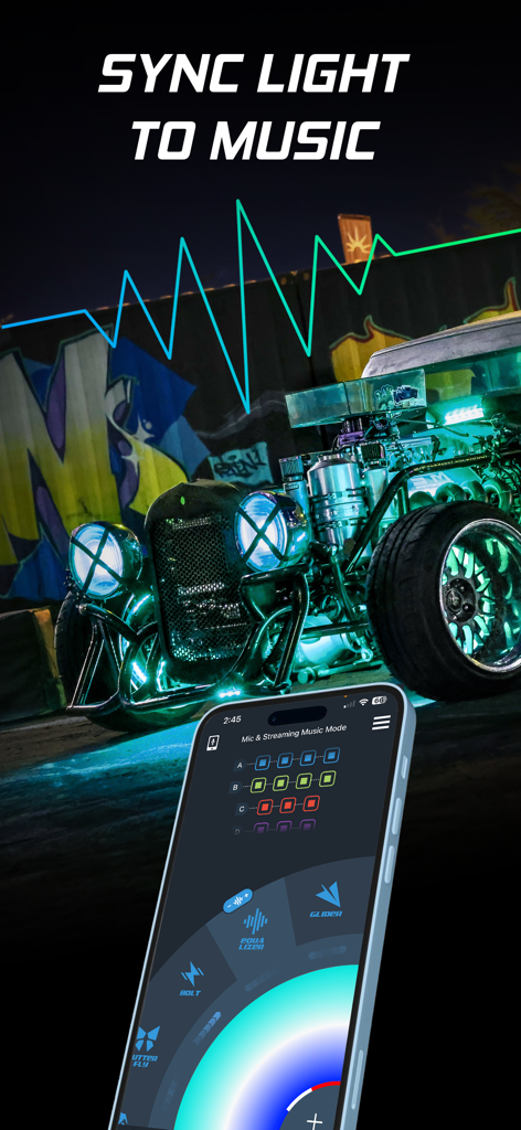 XKmax - Smartphone displaying the XKmax app interface for syncing automotive LED lights to music with a neon-lit custom car in the background