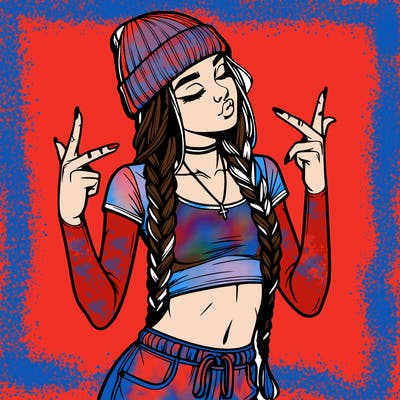 realistic teenage girl with braids and a beanie and crop top doing 🫶🏼