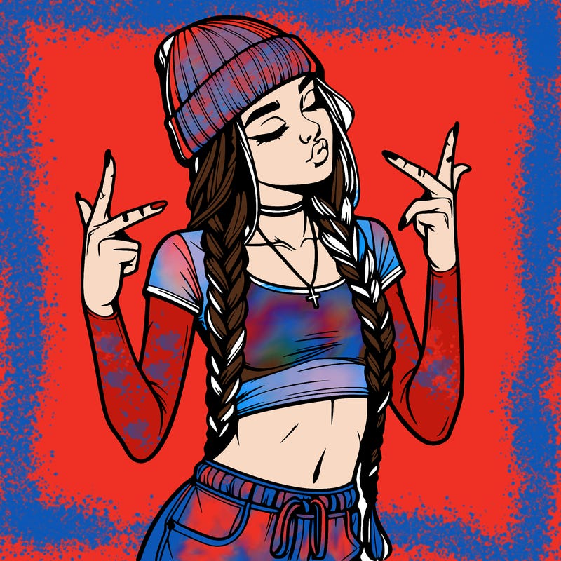 realistic teenage girl with braids and a beanie and crop top doing 🫶🏼