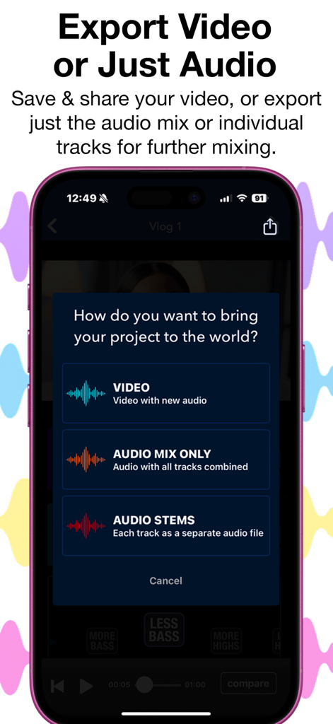 Pantalla de exportación de la aplicación móvil mostrando opciones para guardar como video con audio nuevo, mezcla de audio combinada o pistas de audio separadas