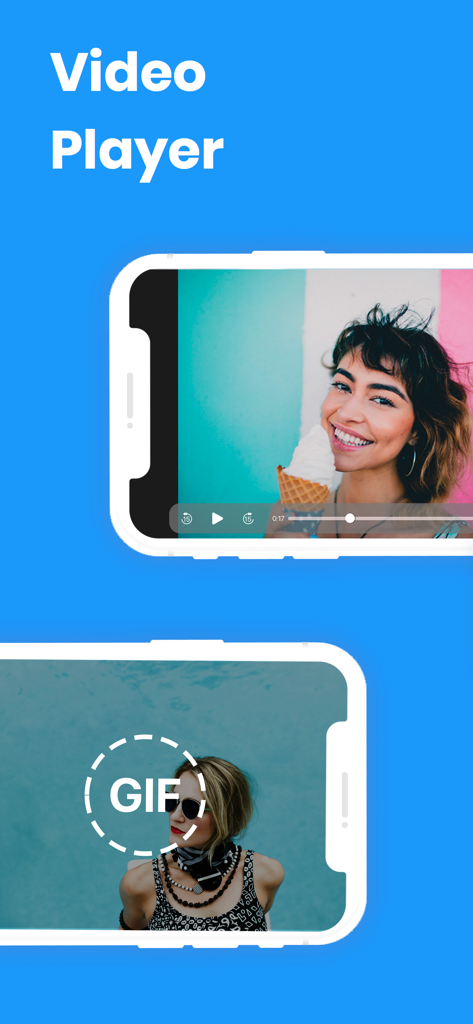 A screenshot of the PV - Secret Photo Album app showcasing its video player and GIF support features on mobile devices.