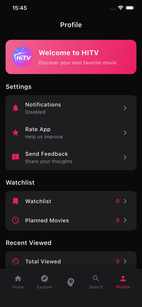 Hi Tv : Ai Explore for Movies - User profile screen of the Hi Tv app showing settings watchlist and viewing history