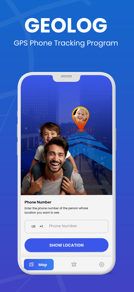 GeoLog app screen for entering a phone number to track real-time location