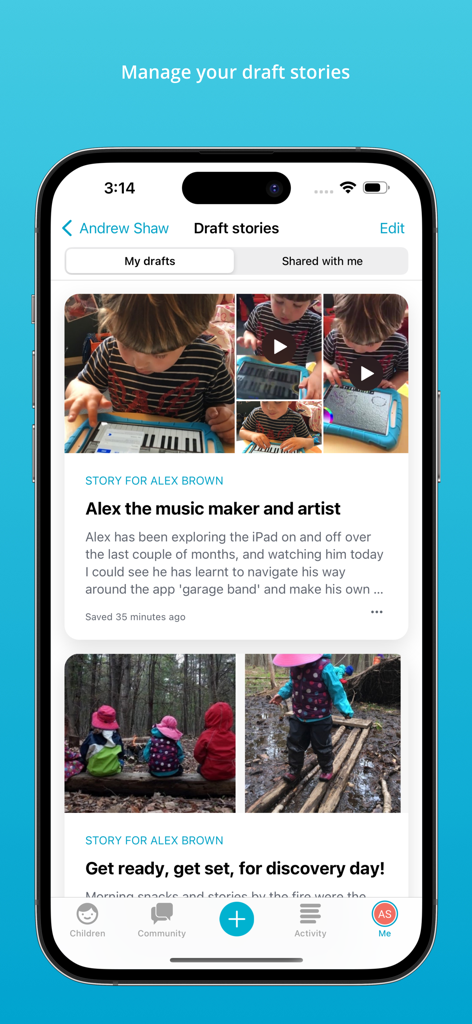 Storypark for Educators - Mobile interface of Storypark for Educators app showing a feed of draft learning stories with photos and descriptions.