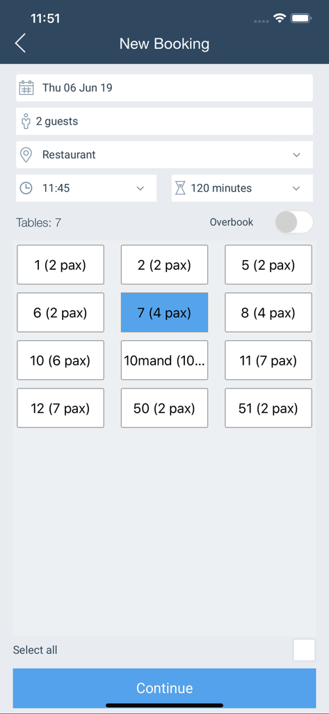 DinnerBooking Business - New booking screen with table selection for restaurant staff
