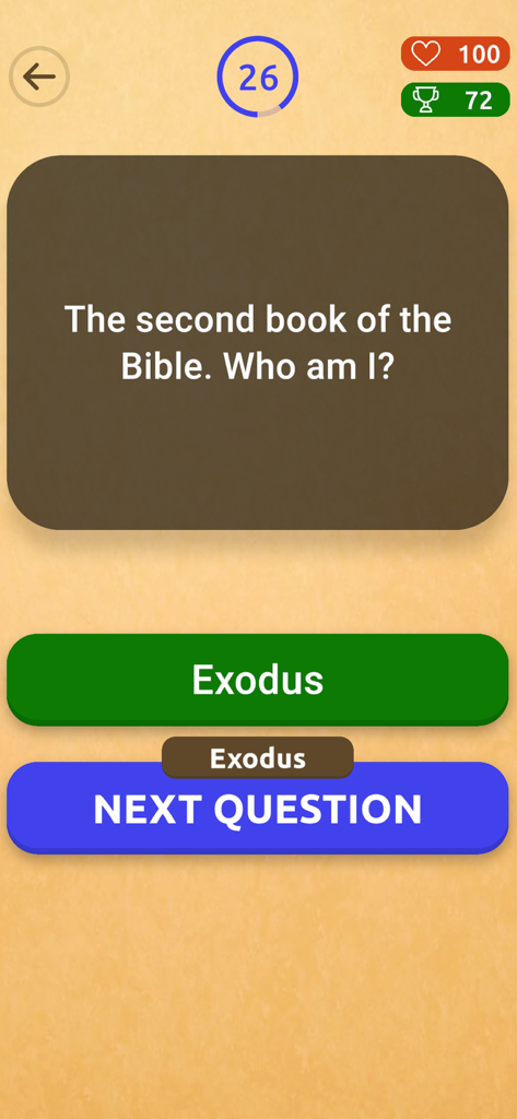 Who am I? (Biblical) - Screenshot des Bibel-Trivia-Spiels mit einer Quizfrage zum Buch Exodus mit Timer und Punktetracker