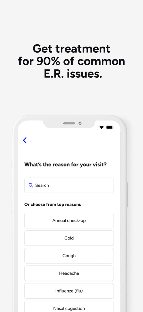 Doctor On Demand - Doctor On Demand app interface showing a list of common medical reasons for a virtual visit such as cold, cough, and headache.