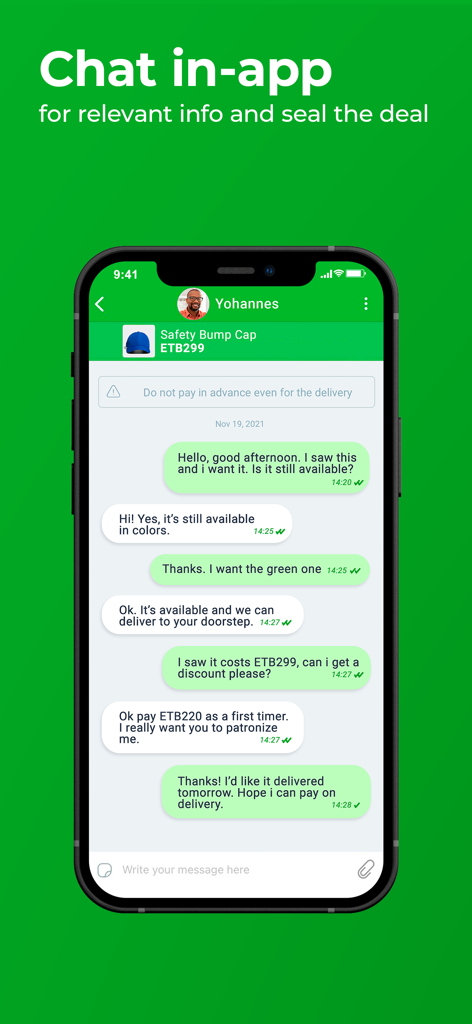 Jiji Ethiopia - ジジ・エチオピアのモバイルアプリのインターフェイスで、購入者と販売者の間の、製品の価格と配達に関する安全なアプリ内チャット会話が表示されています。