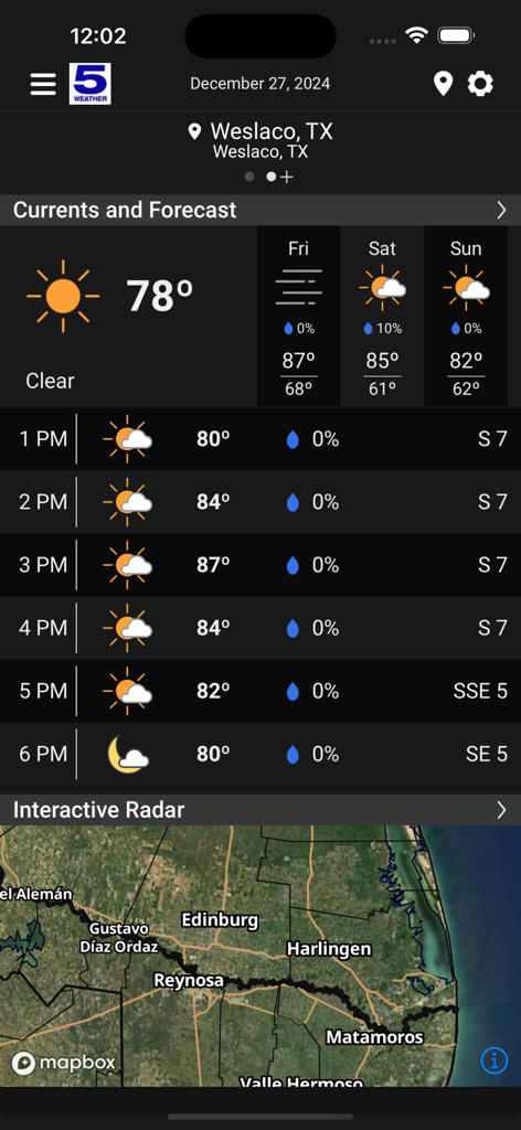 KRGV First Warn 5 Weather app interface showing the current temperature for Weslaco Texas and an interactive radar map.