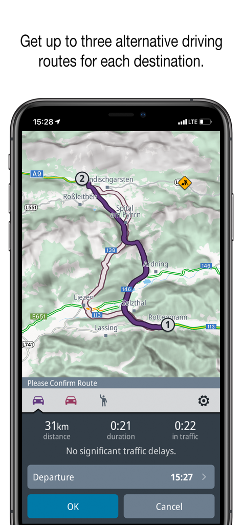 Genius Maps: GPS Navigation - Genius Maps interface showing alternative driving routes with distance and travel time details.