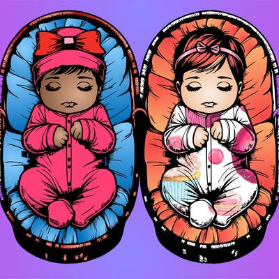 realistic newborn baby boy and girl twins in bassinets girl wearing a headband bow and boy is wearing a baby newborn hat, both wearing baby sleeper onesies