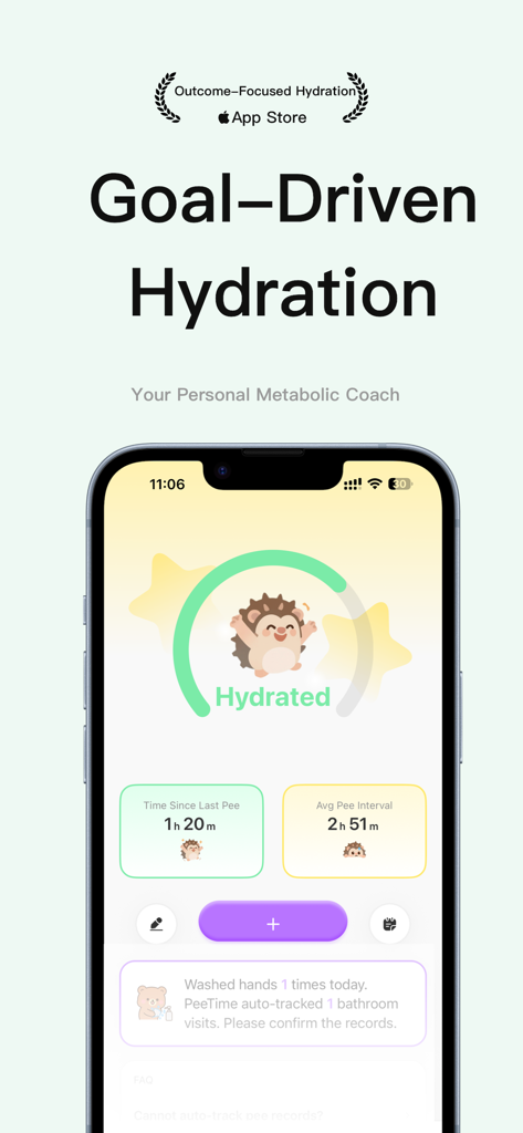 Interfaccia dell'app PeeTime che mostra dati di monitoraggio dell'idratazione e metabolici guidati da obiettivi