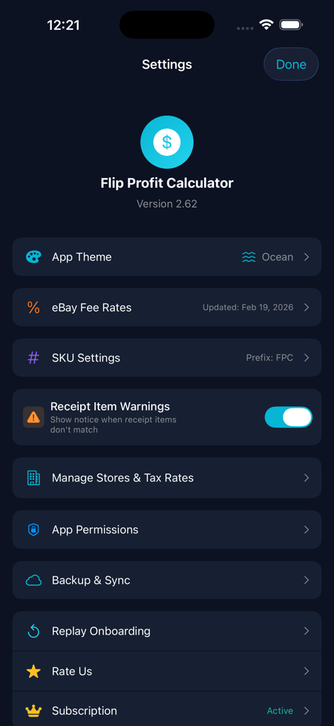 Flip Profit Calculator - Settings screen of the Flip Profit Calculator app showing options for fee rates, inventory settings, and sync backups.