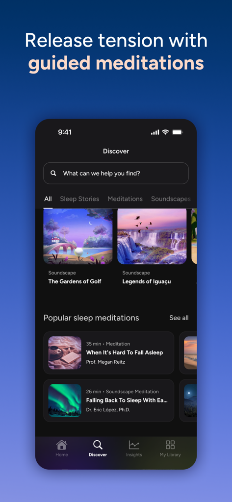 Calm Sleep - Rest & Relax - Calm Sleep app interface showing the discover section with guided meditations and soundscapes