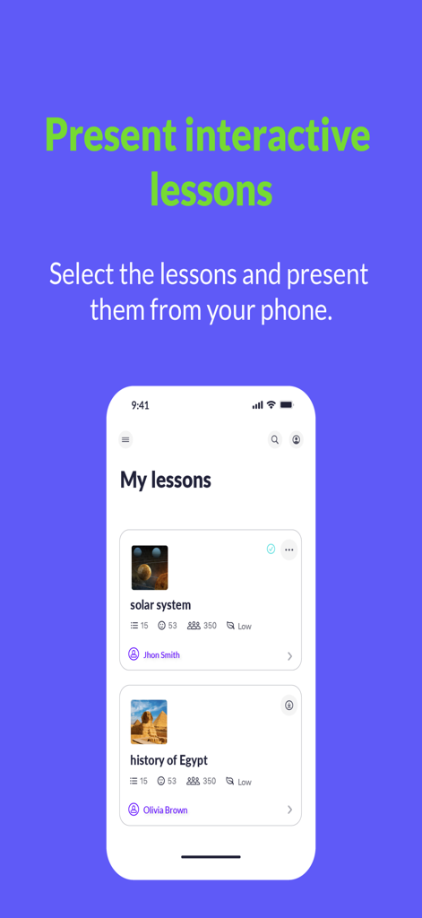 TOMi Digital - TOMi Digital mobile app screen showing a list of interactive classroom lessons ready to be presented from a phone