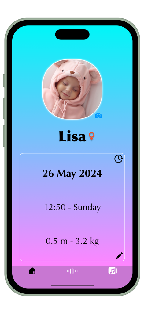 Colic: Sleep Sounds & Musics - A baby profile dashboard in the Colic app displaying the name Lisa with birth date and weight details
