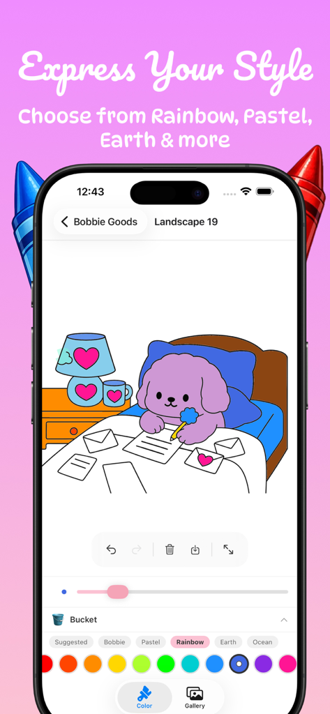 Bobbie Goods: Coloring Book! - Bobbie Goods app interface showing color palettes and a cute puppy coloring page