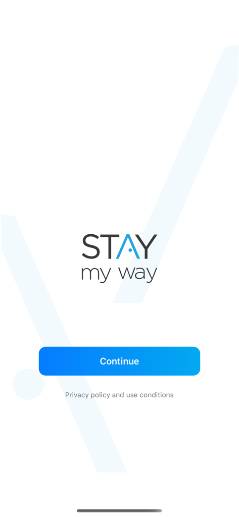 Staymyway app welcome screen showing logo and continue button