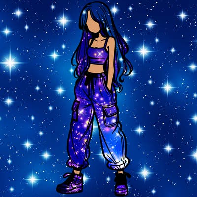 girl in baggy pants crop top and long hair