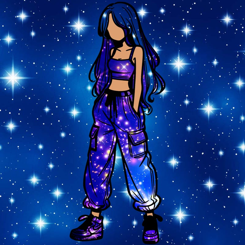 girl in baggy pants crop top and long hair