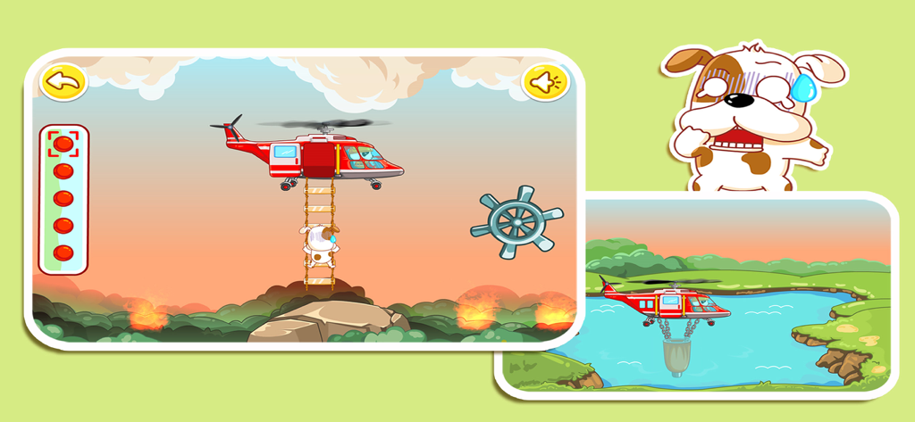 Little Panda Fireman - Scene di gioco da Little Panda Firefighter che mostrano una missione di salvataggio in elicottero e un secchio d'acqua sopra un lago.