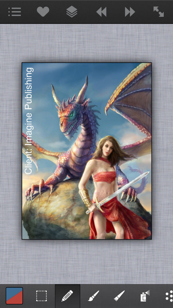 ArtStudioアプリのインターフェース内のドラゴンと戦士のデジタルペインティング