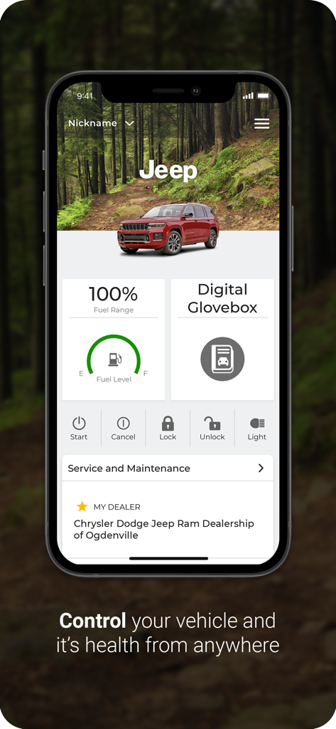 Jeep® - Jeep app home screen showing vehicle health status, fuel range, and remote control features like start and lock.
