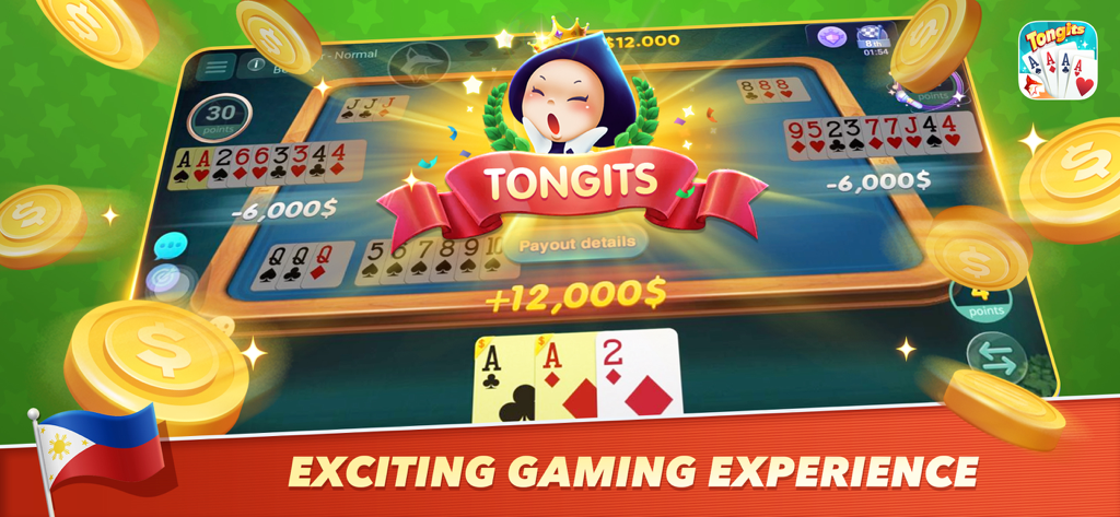 Gameplay screenshot of Tongits ZingPlay card game featuring virtual coins and a Filipino flag