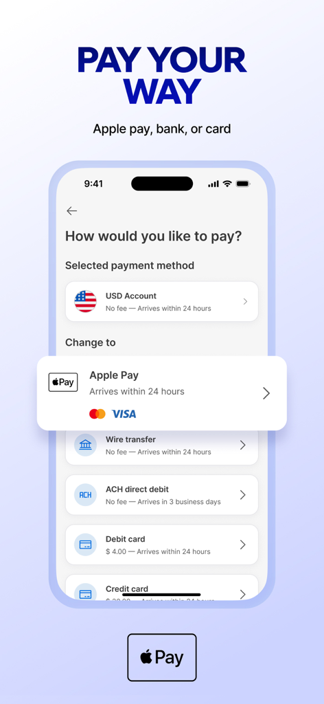 Pantalla móvil de la aplicación Xe que muestra la selección del método de pago con opciones para Apple Pay, transferencia bancaria, ACH y tarjeta de débito