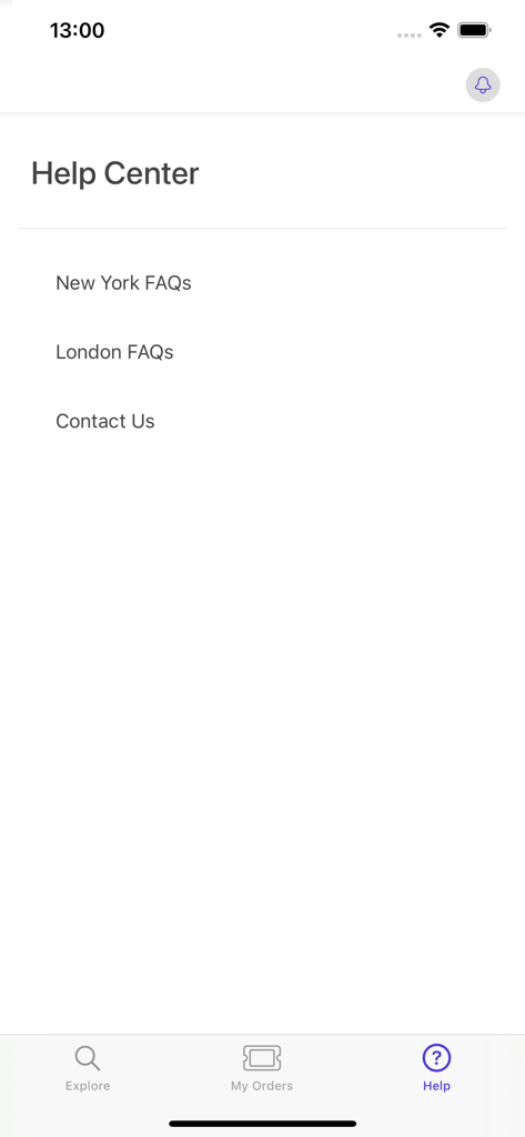 TopView Sightseeing - Help Center screen of the TopView Sightseeing app featuring FAQ links for New York and London and a contact option.