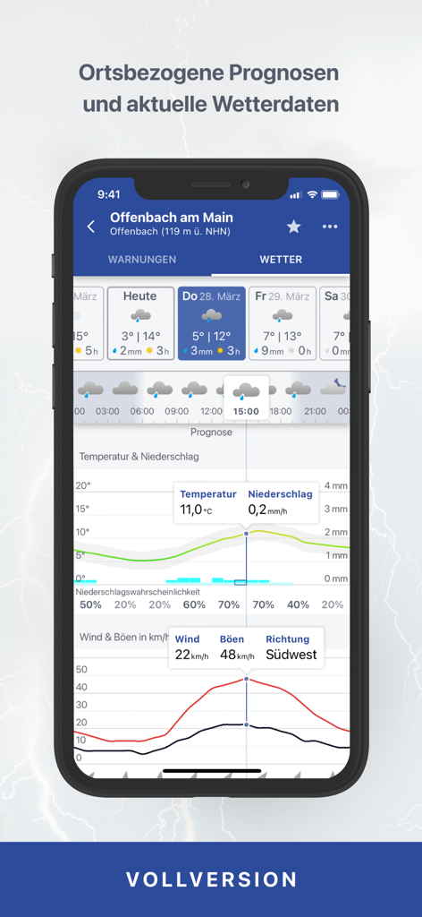 DWD WarnWetter app screen showing detailed location based forecasts and weather data graphs