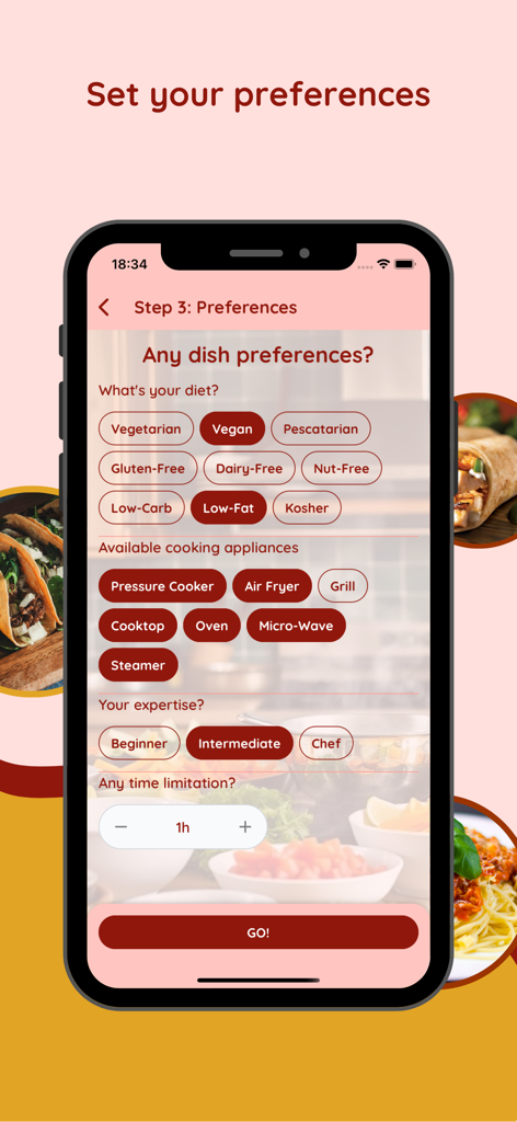 CookAI: AI Recipe Generator - Mobile app interface showing dietary preferences and kitchen appliance selection for AI recipe generation.