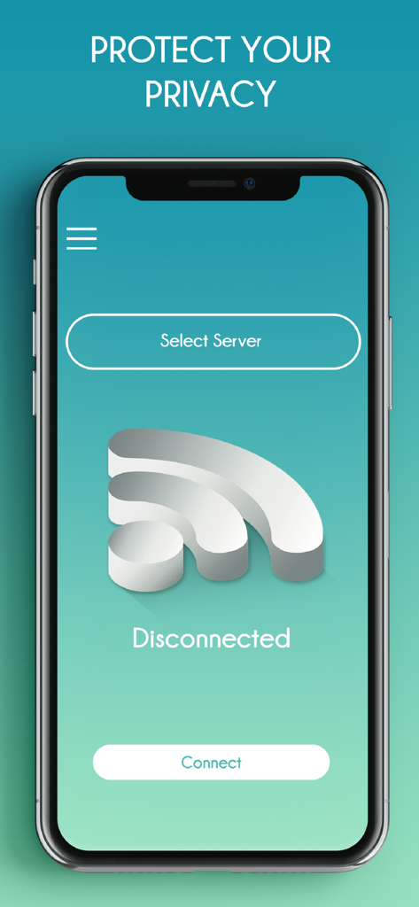 VPN Connector: Best Proxy - Interfaz de la aplicación móvil VPN Connector con un gran botón de conectar y un mensaje de protección de privacidad