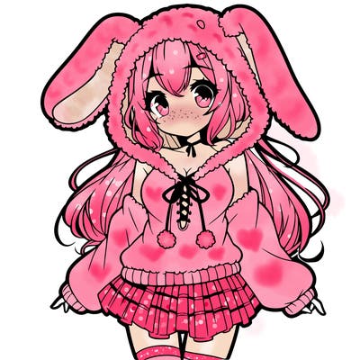 pretty anime girl wearing a fluffy hoodie with bunny ears on the hood and a skirt