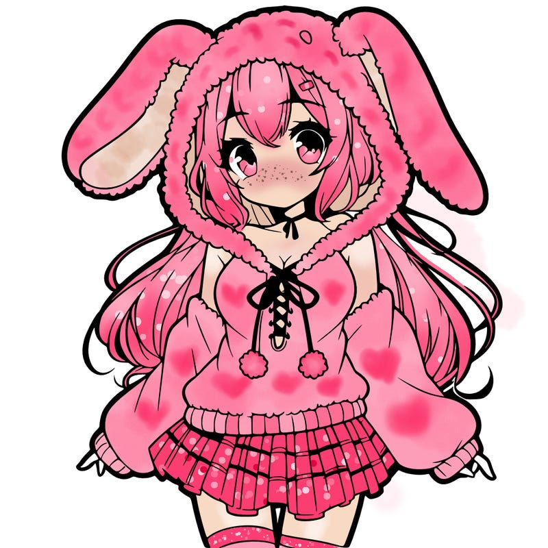 pretty anime girl wearing a fluffy hoodie with bunny ears on the hood and a skirt