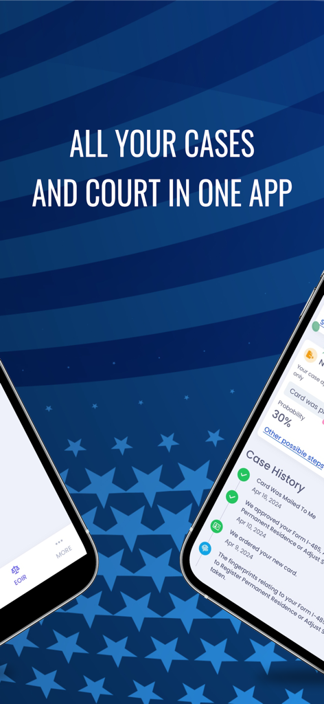 MigraConnect Case Tracker - MigraConnect mobile app interface showing USCIS case history and court tracking features